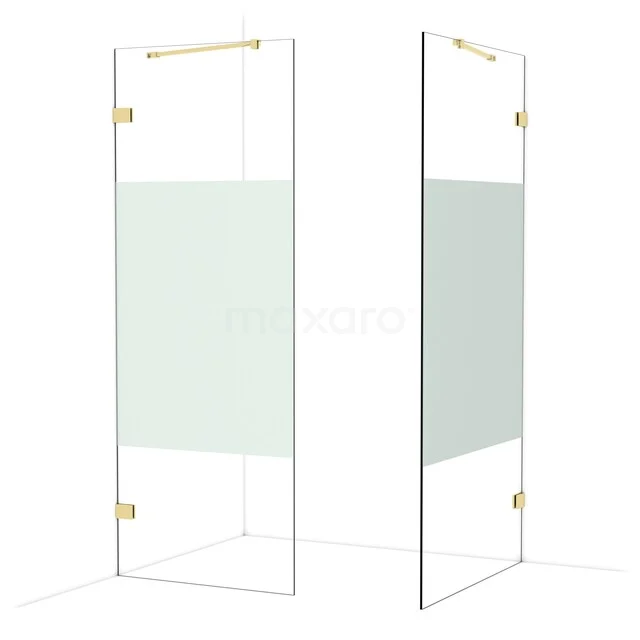 Douchewand met goudkleurige scharnieren, mat glazen paneel en helder glas, elegant en duurzaam badkameraccessoire.