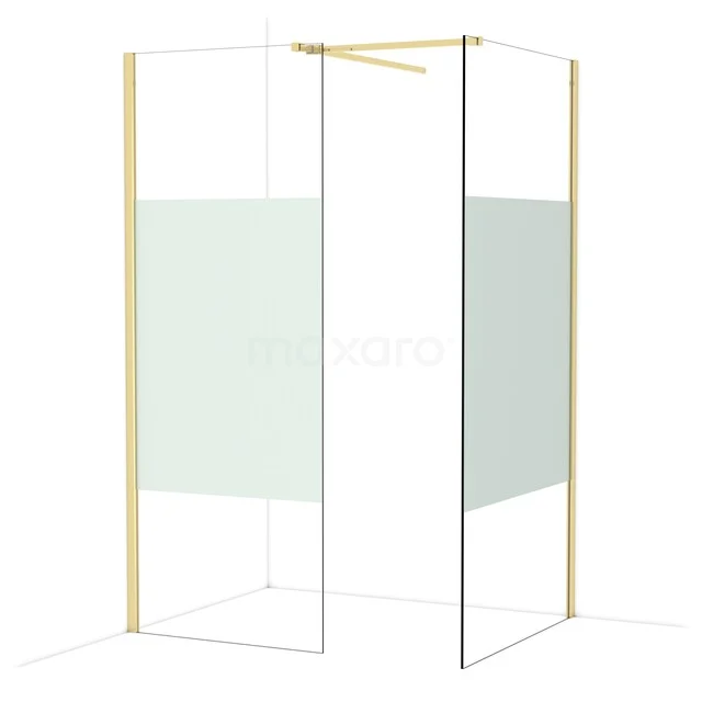 Gouden douchewand met transparant glas, minimalistisch design, ideaal als stijlvolle toevoeging in een moderne badkamer.