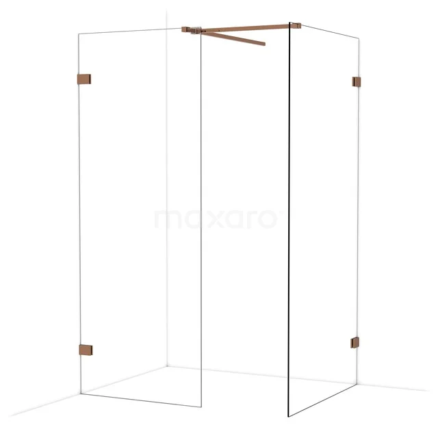 Glasene Duschwand mit roségoldenen Akzenten, modernes Design und robustem Befestigungssystem für luxuriöse Badezimmergestaltung.