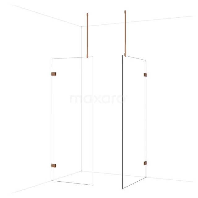 Glazen douchewand met koperkleurige bevestigingen, minimalistisch design, ideaal voor moderne badkamers.
