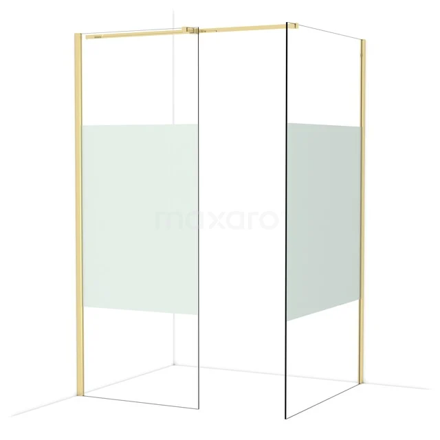 Diamond Walk-in shower | 110x80 cm Shiny light gold Clear with matt strip 2 fixed walls IDB0811313GLG Glass shower wall with gold-coloured frame and matte white strip, modern design, ideal for a stylish bathroom decor.