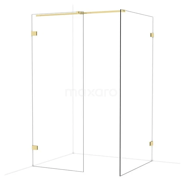Glazen douchewand met goudkleurige scharnieren, minimalistisch design, ideaal voor een moderne badkamer.