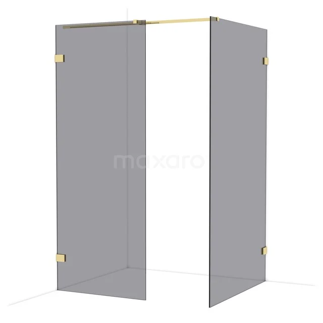 Glass shower wall with gold hinges, corner setup, sleek design and modern appearance for a stylish bathroom.