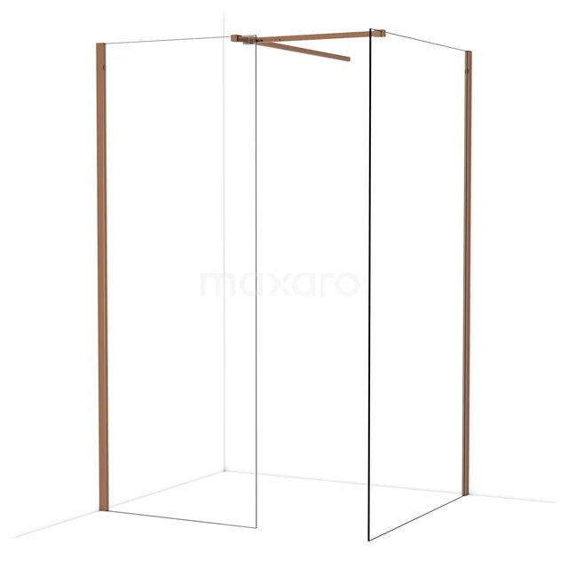 Douchewand met transparant glas, koperkleurige profielen, hoekmodel met strakke lijnen; stijlvolle toevoeging aan de badkamer.