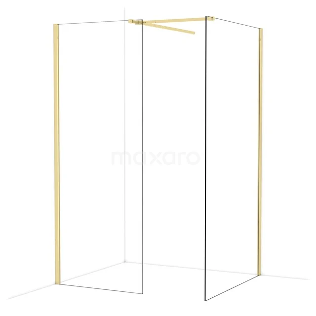 Goldfarbene begehbare Dusche mit minimalistischem Rahmen und Glasplatten, perfekt für ein luxuriöses Badezimmerdesign.