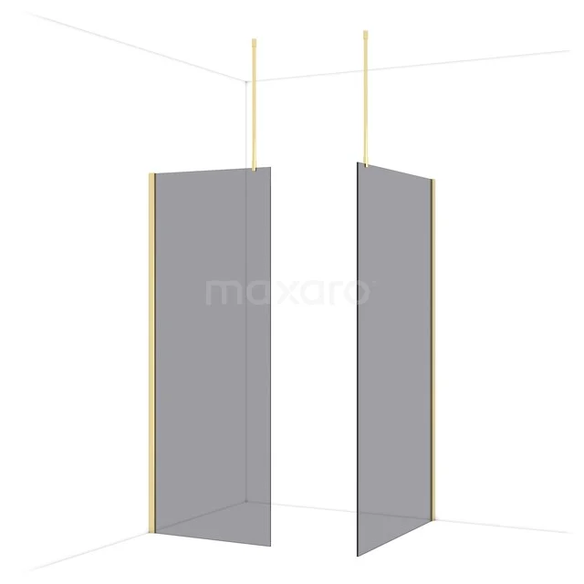 Grijze glazen douchewand met minimalistisch design, gouden profielen en moderne uitstraling, ideaal voor elke badkamer.