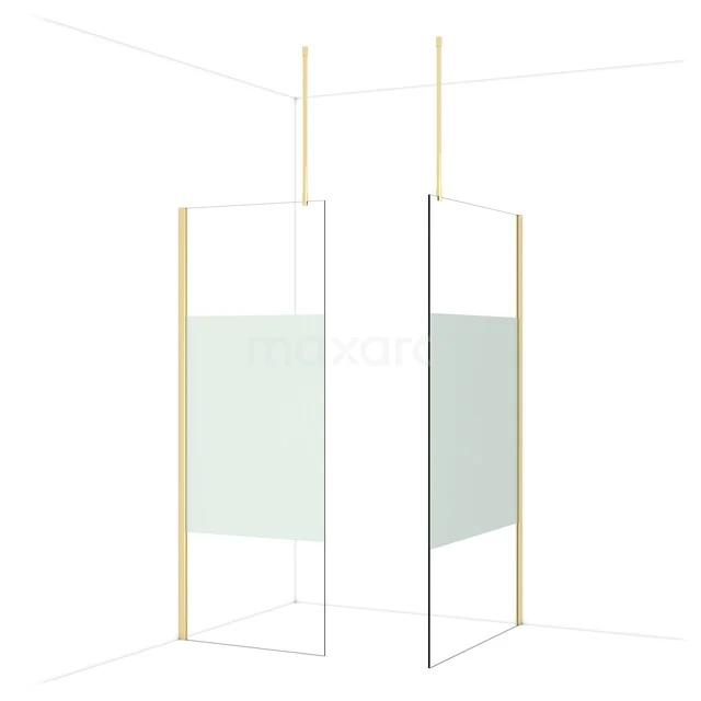 Glass shower wall with gold accents, minimalist design, ideal for a modern bathroom.