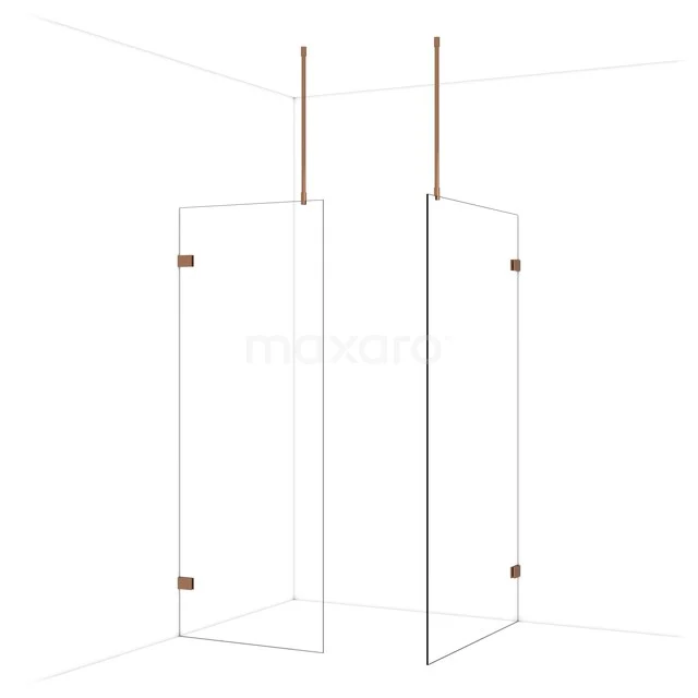 Douchewand met minimalistisch design, helder glas, koperkleurige details en stabiele bevestiging, ideaal voor moderne badkamers.