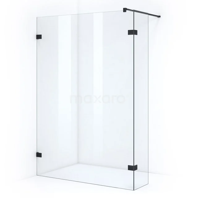Corner shower with black metal accents, glass walls and minimalist design; ideal for modern bathrooms.