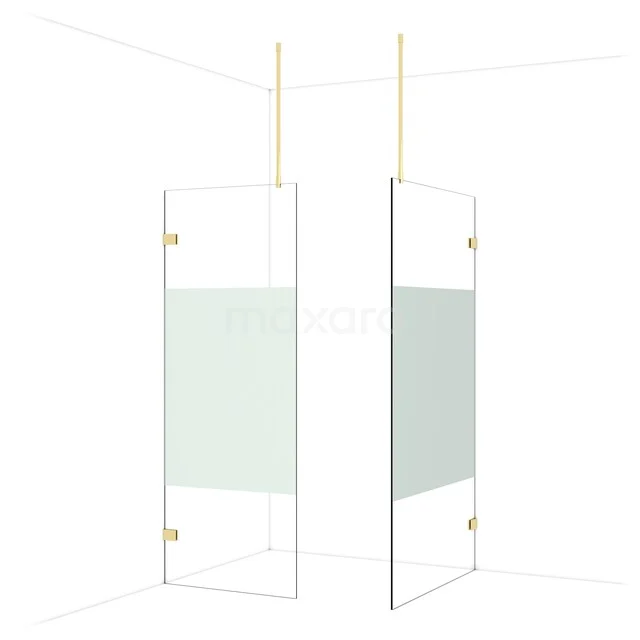 Glass shower wall with brass details, matte white frame and modern design, perfect for a stylish bathroom interior.