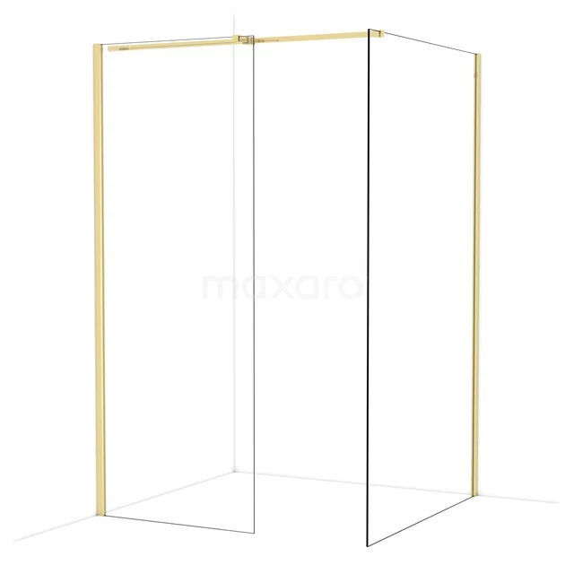 Begehbare Duschen IDB0812310GLG Goldene Eck-Duschwand mit minimalistischem Design, Glasplatten und schlanker Aluminiumumrandung für modernen Badezimmerstil.