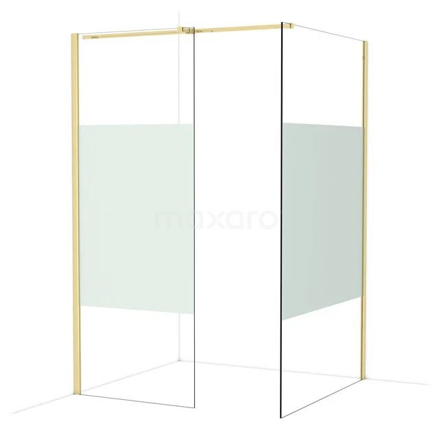 Gouden douchewand met minimalistisch design, helder glas en mat afwerking, ideaal als stijlvolle moderne badkamervormgeving.
