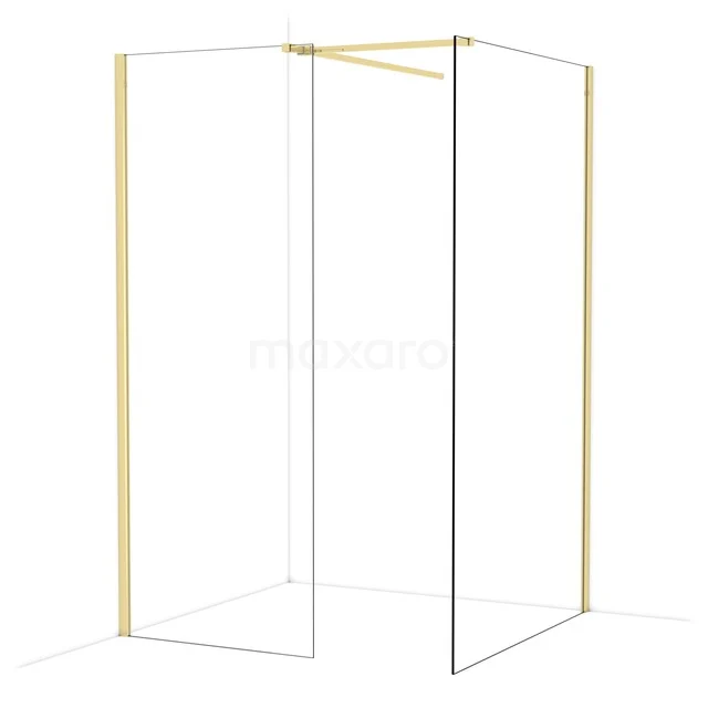 Douchewand met minimalistisch design, goudkleurige accenten en glazen panelen, ideaal voor een moderne badkamer.