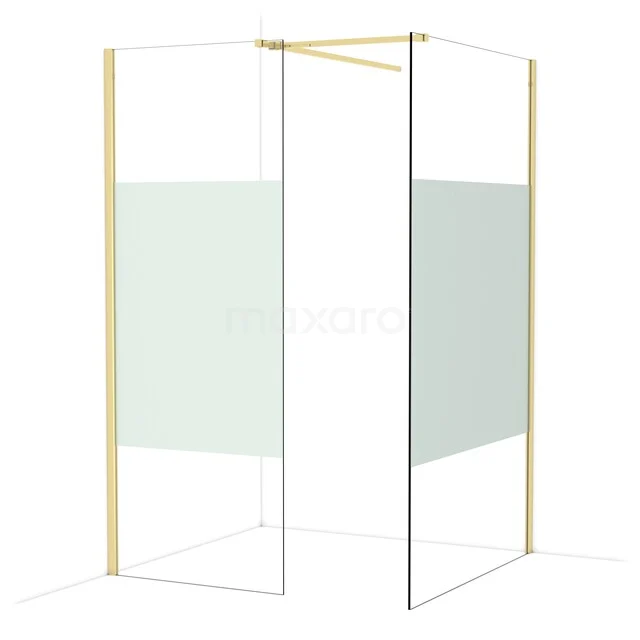 Matglazen douchewand met goudkleurige aluminium profielen, hoekopstelling, ideaal voor moderne badkamers.