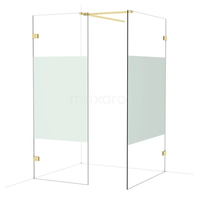 Shower corner with frosted glass and gold accents, modern design, ideal for stylish bathroom decor.