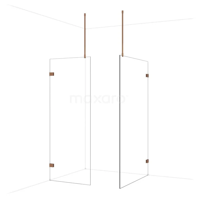 Matt schwarze begehbare Duschwand mit Klarglas und Kupferdetails, geeignet für eine moderne Badezimmergestaltung.