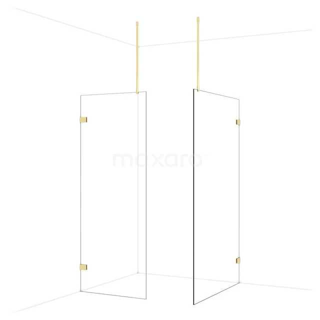 Transparante glazen douchewand met goudkleurige scharnieren, ideaal voor een moderne badkamerstijl.