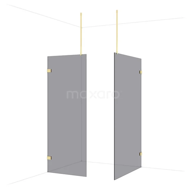 Grey shower screen made of frosted glass, minimalist design, suitable for modern bathrooms, with brass details and corner mounting.