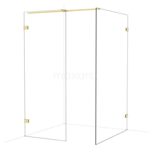 Glazen douchewand met goudkleurige scharnieren, minimalistisch ontwerp en ideaal voor een moderne badkamerstijl.