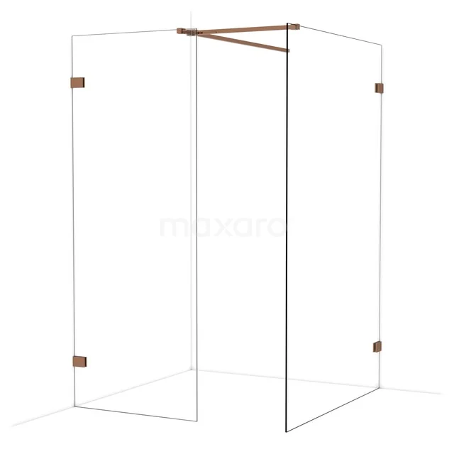 Douchewand van glas met messing scharnieren, minimalistisch design, perfect voor een moderne badkamerstijl.