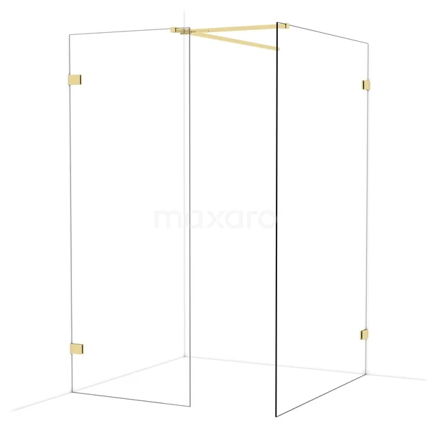 Glazen douchewand met goudkleurige scharnieren en stang, moderne hoekopstelling voor stijlvolle badkamerdecoratie.