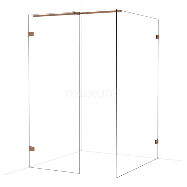 Douchewand hoekopstelling met helder glas en roségouden metalen scharnieren, strak design voor moderne badkamers.