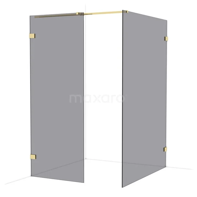 Duschwand mit Goldakzenten, modernes Design, eckiges Glasmodell für eine stilvolle und luxuriöse Badezimmergestaltung.