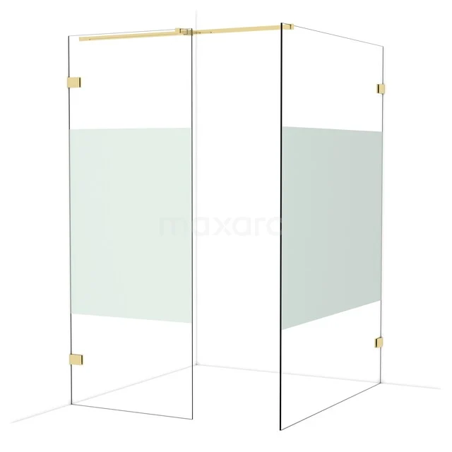 Glazen douchewand met goudkleurige scharnieren, helder glas en mat gedeelte in modern design voor stijlvolle badkamers.