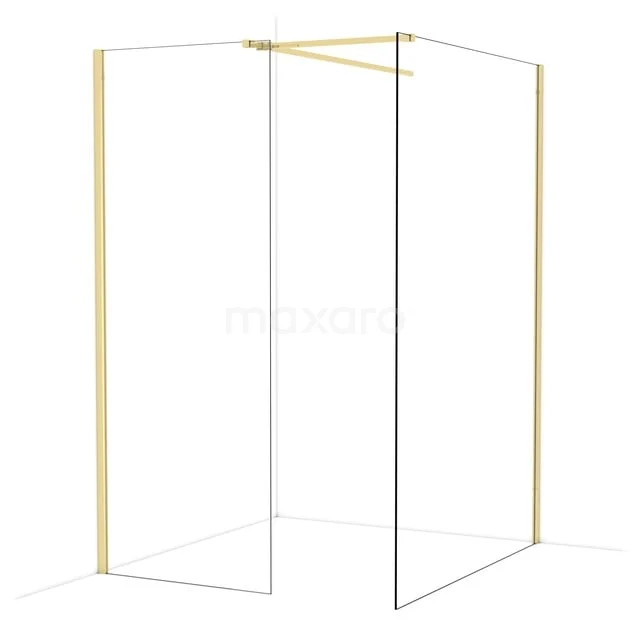 Douchewand met gouden accenten, strak design en hoekopstelling, perfect voor een moderne badkamer.