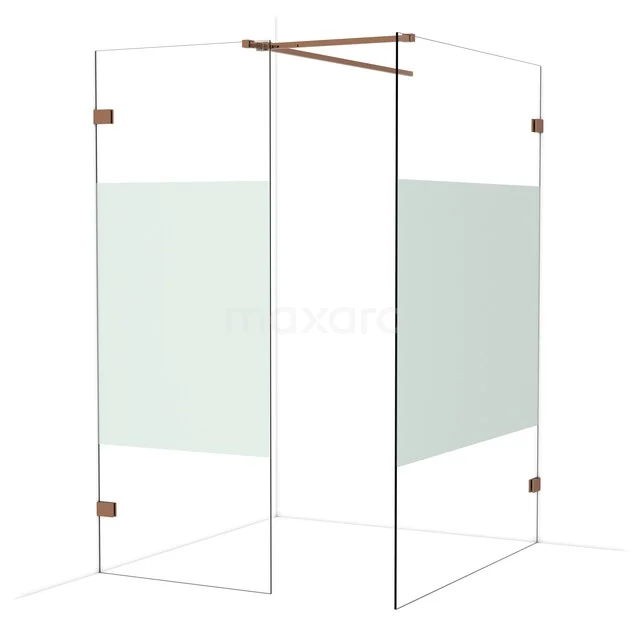 Glazen douchewand met mat wit paneel, hoekopstelling en koperkleurige details, ideaal voor stijlvolle badkamerinrichting.