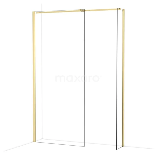 Gouden douchewand met transparant glas, modern design en strak frame, ideaal voor een stijlvolle badkamer.