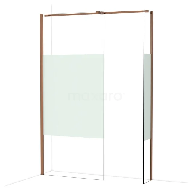 Mat goud douchewand met transparant glas, subtiele matglasstrook en strak design, perfecte toevoeging voor een moderne badkamer.