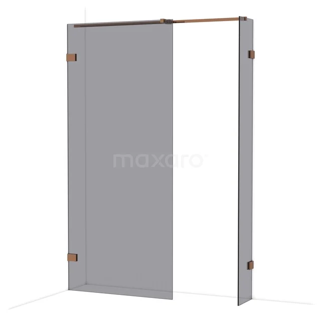 Grijze glazen douchewand met mat zwarte en bronzen accenten, ideaal voor een moderne badkamerinrichting.