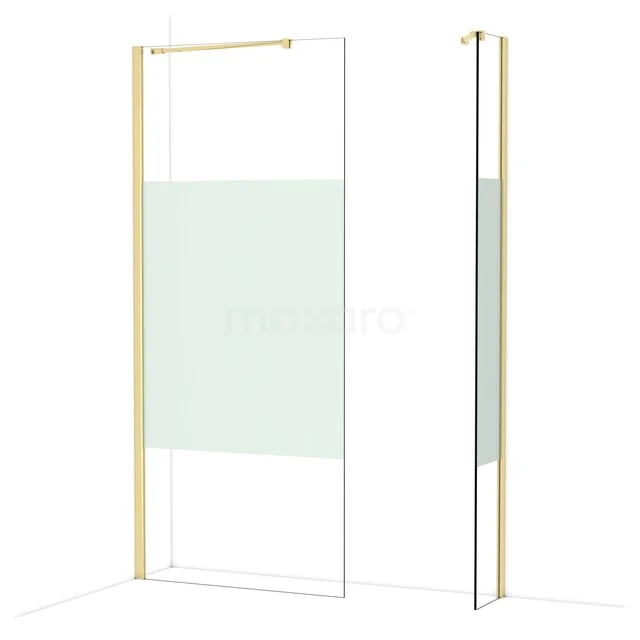 Walk-in shower with gold-coloured frame, clear glass and frosted glass strip, modern design, ideal for stylish bathrooms.
