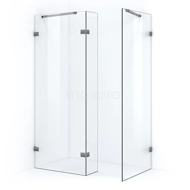 Glasene Duschwand in Eckform, transparentes Design mit metallenen Scharnieren, ideale Badezimmerlösung für ein modernes Erscheinungsbild.