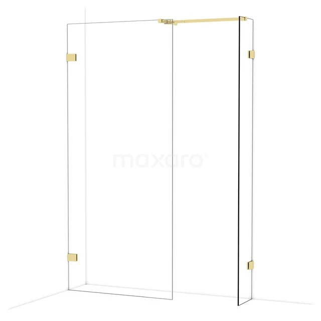 Duschwand aus Glas mit goldfarbenen Scharnieren, minimalistisches Design, perfekt für ein modernes Badezimmer.