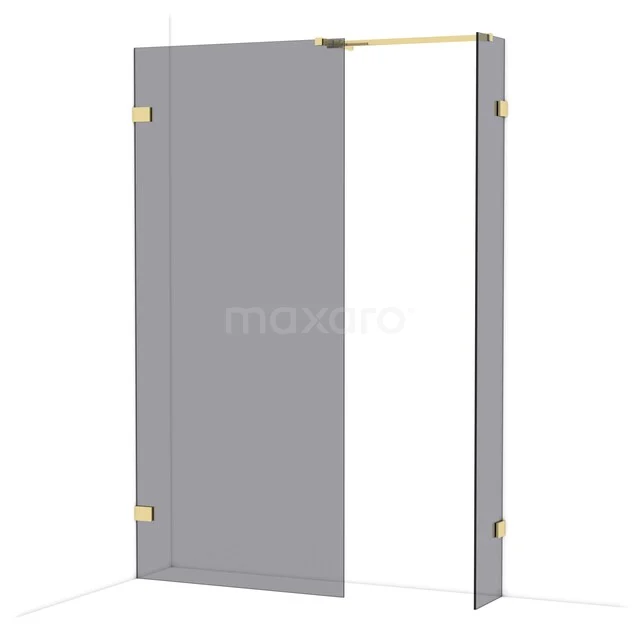 Shower wall with a matte black frame, modern style, featuring clear glass and subtle gold details, perfect for any bathroom.