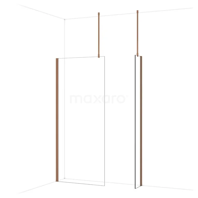 Douchewand met minimalistisch ontwerp, helder glas, koperkleurige profielen, ideaal voor een stijlvolle badkamer.