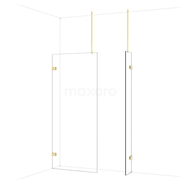 Glass shower wall with gold-coloured hinges, minimalist design, ideal for a modern bathroom style.