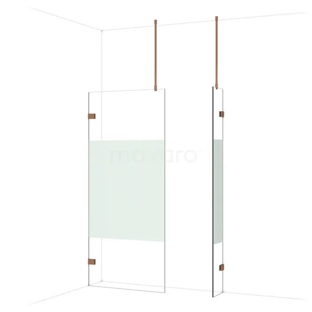 Diamond Walk-in shower | 90x30 cm Shiny copper Clear with matt strip 2 fixed walls IDB0903923GKP Glazen douchewand met mat wit paneel, koperkleurige details, moderne badkamerstijl, geschikt voor inloopdouche.