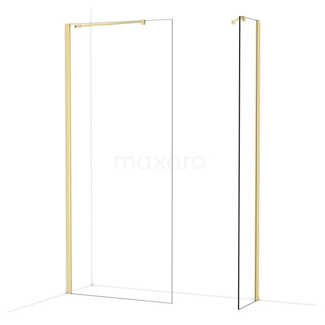 Gold-coloured walk-in shower wall with clean lines, minimalist design and sturdy glass, perfect for a modern bathroom.