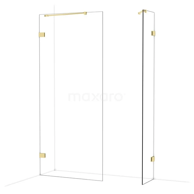 Diamond Walk-in shower | 90x40 cm Glossy light gold Clear glass 2 fixed walls IDB0904420GLG Glazen douchewand met goudkleurige scharnieren, strak design, ideaal voor een stijlvolle badkamer.