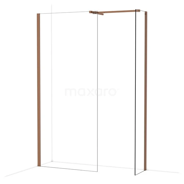 Duschwand mit Klarglas, kupferfarbenen Profilen und minimalistischem Design; perfekt für einen modernen Badezimmerstil.