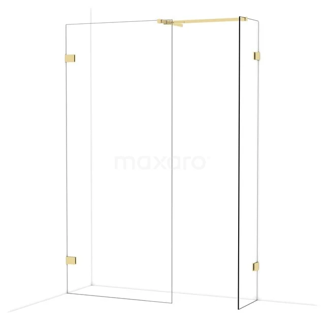 Gouden douchewand met helder glas, minimalistisch design en inklapfunctie, perfect voor een moderne badkamerstijl.