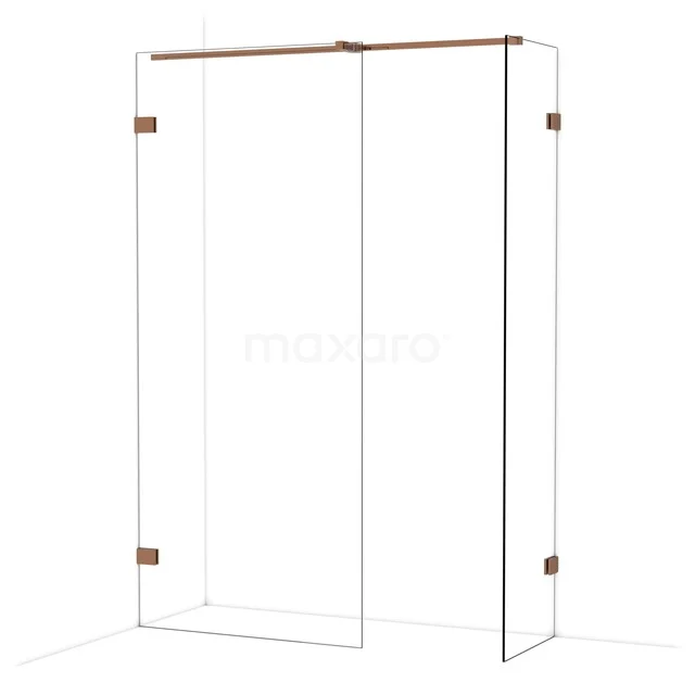 Inloopdouche met helder glazen wand en koperkleurige scharnieren, modern design, perfect voor een stijlvolle badkamer.