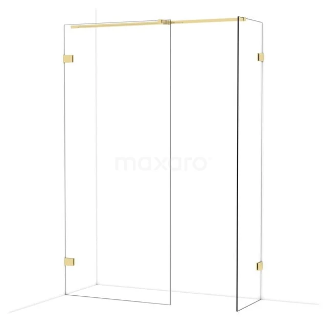 Douchewand met goudkleurige details, strakke lijnen en helderglas, perfect voor een moderne badkamerstijl.