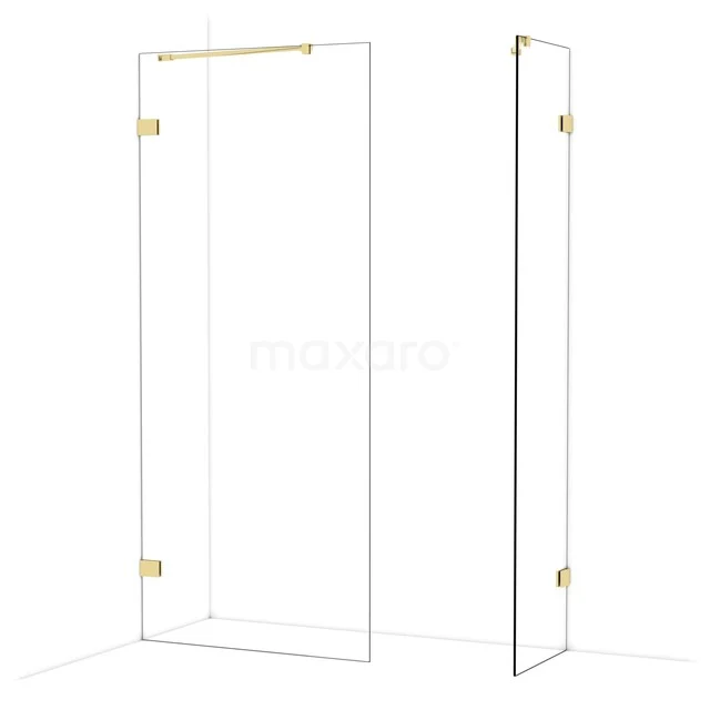 Glazen douchewand met goudkleurige scharnieren, modern design, perfect voor een stijlvolle badkamer.