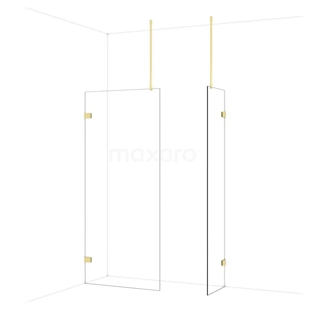 Transparante douchewand met goudkleurige accenten, minimalistisch design van glas, ideaal voor een moderne badkamer.