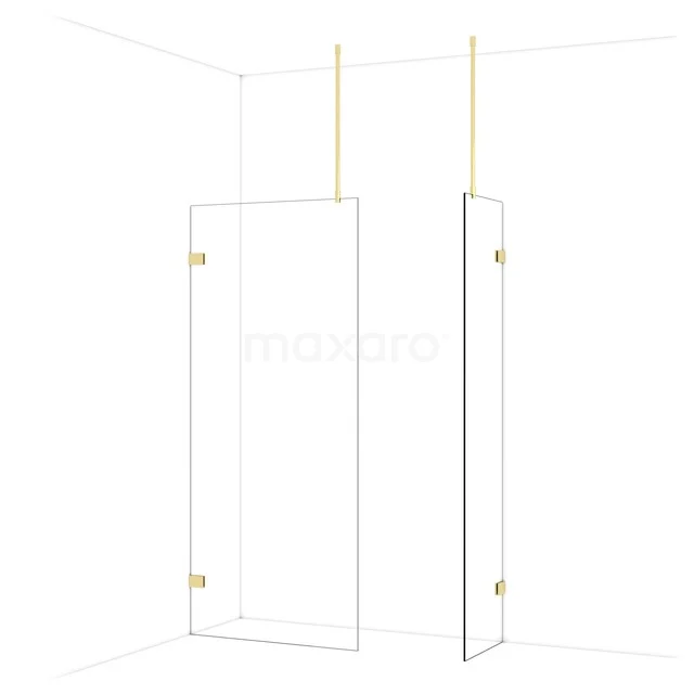 Transparent shower wall with gold accents, minimalist glass design, ideal for a modern bathroom.