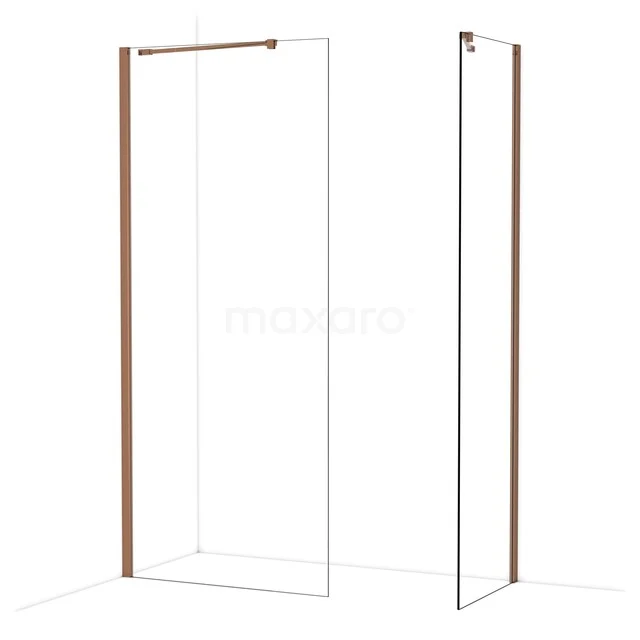 Inloopdouche met twee glazen wanden, elegant koperkleurig frame en minimalistisch design voor een moderne badkamer.